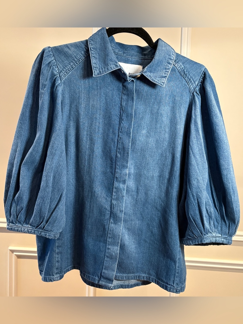 Light-Blue Denim Button-Front Blouse with Three-Quarter Puff Sleeves